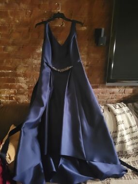 Adrianna Papell Navy Satin High-Low Evening Gown with Beaded Waist